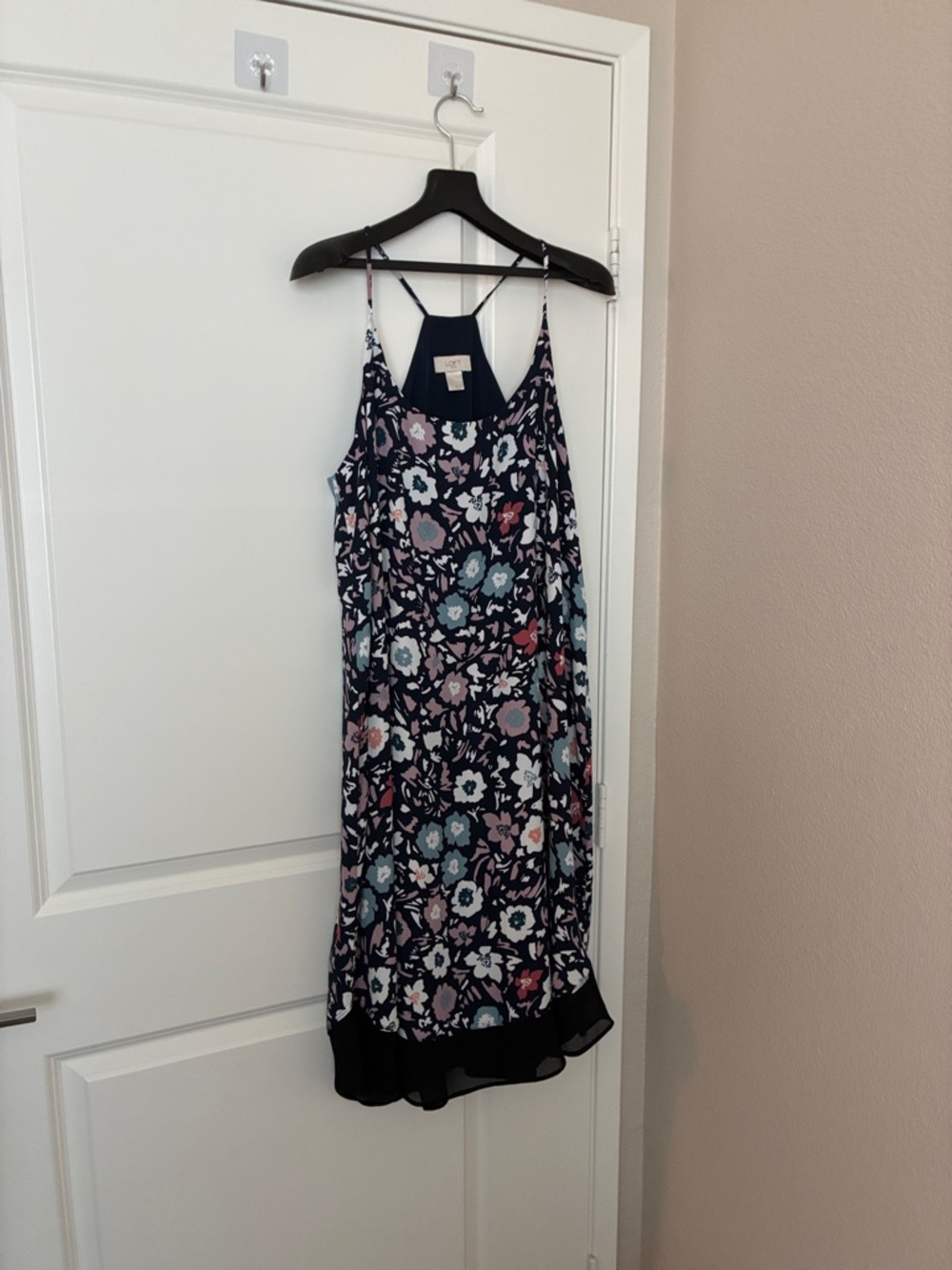 Loft  Flowy Floral Navy Slip Dress with Pink & Blue Blooms Size L